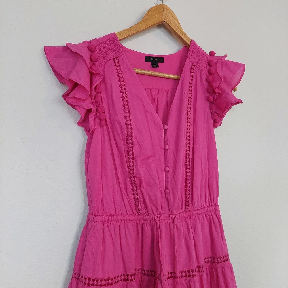 J.Crew Pom-Pom Dress in Cotton Voile in Hot‎ Pink Size 2 Tall